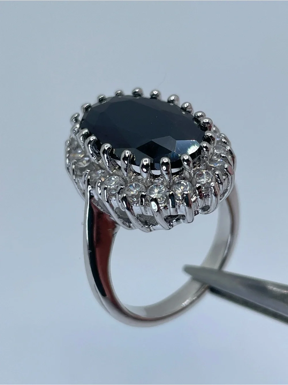 Onyx Black Diamond White Swarovski Crystals Oval Halo Ring Silver Statement Sz 7